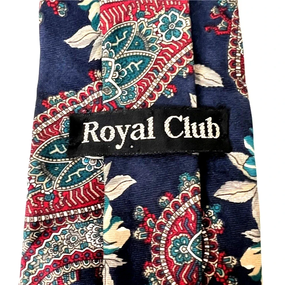 Royal Club Mens Italian Silk Tie Navy Blue Multicolor Paisley Floral